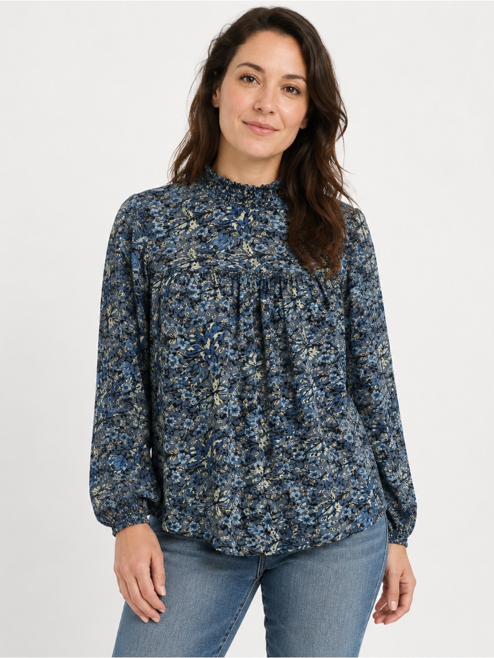 Lucky Brand Mock Neck Blue Floral Babydoll Bohemian Long Sleeve Shirt XS